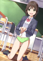  1girl absurdres black_socks blazer board_eraser bow bow_panties bowtie brown_eyes brown_hair chair chalkboard collared_shirt commentary_request commission crotch_seam day desk diagonal-striped_bow diagonal-striped_bowtie diagonal-striped_clothes dress_shirt dutch_angle embarrassed frilled_panties frills full_body green_panties grey_jacket grey_skirt highres indoors jacket kneeling light_blush long_sleeves looking_at_viewer negimiso1989 no_pants no_shoes open_clothes open_jacket open_mouth original own_hands_together panties pink_bow pink_bowtie pixiv_commission pleated_skirt raised_inner_eyebrows school_chair school_desk school_uniform shadow shirt short_hair skirt socks solo striped_clothes sunlight underwear unworn_skirt variant_set white_shirt 