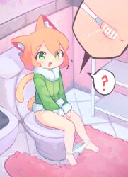  1girl ? absurdres animal_ears anus bar_censor cat_ears cat_girl cat_tail censored cleft_of_venus fur_trim green_eyes green_jacket highres jacket kanbaki kanbaki&#039;s_orange-haired_catgirl loli orange_hair original panties panty_pull pee peeing pussy sitting tail toilet_use underwear white_panties  rating:Explicit score:84 user:danbooru