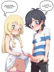  1boy 1girl ai-generated artist_request bare_shoulders black_hair blonde_hair blue_eyes blush censored cleft_of_venus closed_mouth clothes_lift clothes_pull dress dress_lift elio_(pokemon) english_text erection green_eyes hetero highres kodomo_doushi lillie_(pokemon) loli long_hair mosaic_censoring nintendo panties panties_around_leg penis pink_panties pokemon pokemon_sm pussy shirt shorts shorts_pull shota speech_bubble striped_clothes striped_shirt testicles thought_bubble trembling underwear white_background 