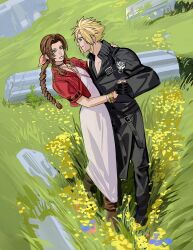  1boy 1girl aerith_gainsborough arm_around_neck armor bangle black_boots black_pants black_sleeves black_vest blonde_hair blue_flower boots bracelet braid braided_ponytail brown_boots brown_hair choker closed_mouth cloud_strife couple cropped_jacket dress fenrir_(final_fantasy) final_fantasy final_fantasy_vii final_fantasy_vii_advent_children final_fantasy_vii_rebirth final_fantasy_vii_remake flower flower_choker full_body green_eyes hair_between_eyes hair_ribbon hetero highres holding_hands jacket jewelry long_dress long_hair looking_at_another newb_ff7r outdoors pants parted_lips pauldrons pink_dress pink_ribbon red_jacket ribbon ruins short_hair short_sleeves shoulder_armor single_braid single_pauldron single_sleeve sketch smile spiked_hair vest yellow_flower 