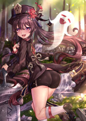 1girl 1other ass black_shorts blush boo_tao_(genshin_impact) brown_hair chinese_clothes coattails fang from_behind genshin_impact ghost hat hat_ornament highres hu_tao_(genshin_impact) long_hair looking_at_viewer luyluc open_mouth red_eyes short_shorts shorts smile twintails very_long_hair rating:Sensitive score:10 user:armorcrystal
