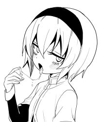  1girl artist_request blush capelet hairband jashin-chan_dropkick looking_at_viewer monochrome open_mouth pekora_(jashin-chan_dropkick) saliva saliva_on_hand saliva_trail saliva_trail short_hair simple_background solo solo_focus tongue tongue_out white_background white_capelet  rating:Sensitive score:14 user:anon999654