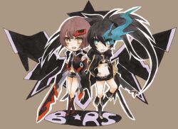  2girls aratak black_coat black_hair black_rock_shooter black_rock_shooter_(character) black_rock_shooter_(game) black_shorts blue_eyes blue_fire boots coat fire flaming_eye grey_hair grey_shorts hair_ornament hairclip long_hair mechanical_wings multiple_girls nana_(black_rock_shooter) short_hair shorts stella_(black_rock_shooter) twintails uneven_twintails wings yellow_eyes 