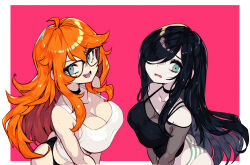  2girls aria_wintermint ass black-framed_eyewear black_choker black_hair black_panties black_tank_top body_freckles breasts choker cleavage collarbone crop_top freckles glasses green_eyes hair_over_one_eye highres kaz_asteri large_breasts long_hair looking_to_the_side medium_breasts midriff multiple_girls negative_frames no_pants open_mouth orange_hair original panties parororo pink_background rectangular_eyewear see-through_cleavage see-through_clothes see-through_sleeves shiny_skin shy skirt smile striped_clothes striped_panties tank_top teeth the_crawling_city thong underwear white_tank_top 