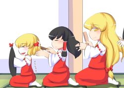 3girls bad_id bad_pixiv_id black_hair blonde_hair bow brown_hair cosplay detached_sleeves doku_corne closed_eyes female_focus food gap_(touhou) hair_bow brushing_hair hair_tubes hakurei_reimu hakurei_reimu_(cosplay) japanese_clothes long_hair miko multiple_girls parody pocky rumia shoot_the_bullet short_hair embodiment_of_scarlet_devil touhou translated yakumo_yukari rating:Sensitive score:6 user:danbooru