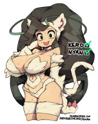 1girl :p absurdres animal_ear_hairband animal_ears animal_hands asui_tsuyu black_hair boku_no_hero_academia breasts cat_ear_hairband cat_ears cat_tail choker cosplay cowboy_shot cropped_legs darkstalkers elbow_gloves fake_animal_ears felicia_(darkstalkers) felicia_(darkstalkers)_(cosplay) finger_to_face gloves green_eyes hairband highres huge_breasts long_hair looking_at_viewer navel paw_gloves simple_background slugbox solo sweat tail thigh_strap tongue tongue_out very_long_hair white_background white_choker white_gloves white_hairband white_tail rating:Sensitive score:30 user:danbooru