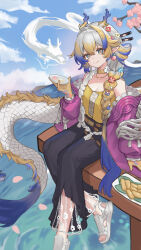  1girl absurdres arknights bare_shoulders black_pants blonde_hair blue_hair braid breasts camisole chinese_commentary choker cleavage closed_mouth collarbone colored_extremities commentary cup dragon dragon_girl dragon_horns dragon_tail drink earrings eastern_dragon flower foot_out_of_frame frilled_sleeves frills fruit_earrings green_eyes grey_hair hair_between_eyes hair_flower hair_intakes hair_ornament highres holding holding_drink horns jacket jewelry long_hair long_sleeves multicolored_hair necklace off_shoulder official_alternate_costume pants pink_jacket pointy_ears sakazuki sandals shu_(arknights) shu_(spring_feast)_(arknights) sitting small_breasts smile solo tail white_sandals xigua yellow_camisole yellow_choker 