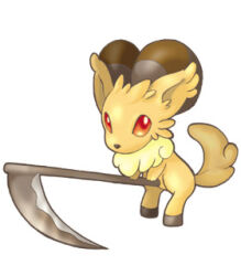  2000s_(style) animal_focus artist_request bad_id baphomet_jr full_body goat holding holding_scythe looking_at_viewer lowres no_humans official_art ragnarok_online scythe simple_background solo white_background 