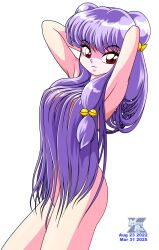  1girl absurdres arms_behind_head artist_logo bell completely_nude dated double_bun hair_bell hair_bun hair_censor hair_ornament highres jingle_bell logo long_hair looking_at_viewer megaphilx nude purple_hair ranma_1/2 shampoo_(ranma_1/2) sidelocks simple_background solo white_background 
