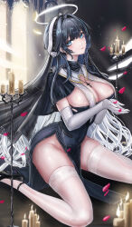  1girl absurdres arknights breasts candle candlestand character_request cleavage full_body halo highres large_breasts long_legs looking_at_viewer minuolin nun pelvic_curtain sitting solo thighhighs thighs white_thighhighs 