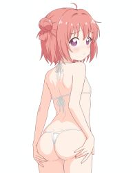  1girl ahoge akaza_akari ass back bare_arms bare_shoulders bikini blush chrislu07 closed_mouth commentary cowboy_shot dimples_of_venus double_bun flat_chest from_behind hair_bun hands_on_own_ass highres loli looking_at_viewer looking_back micro_bikini purple_eyes red_hair short_hair simple_background solo standing swimsuit white_background white_bikini yuruyuri 
