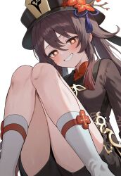  1girl black_hat blush brown_coat brown_hair chinese_clothes coat commentary_request feet_out_of_frame flower flower-shaped_pupils genshin_impact grin hat hat_flower highres hu_tao_(genshin_impact) kneehighs knees_up kobisi long_hair long_sleeves looking_at_viewer porkpie_hat red_eyes short_shorts shorts simple_background sitting smile socks solo symbol-shaped_pupils teeth twintails white_background white_socks 