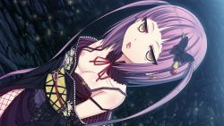  1girl aged_down areola_slip bare_shoulders black_lips blush breasts butterfly_hair_ornament chestnut_mouth choker cleavage collarbone cross-laced_clothes cura dutch_angle eyebrows eyelashes eyes_visible_through_hair female_focus fireflies fishnet_thighhighs fishnets flat_(company) floral_print frilled_choker frills game_cg hair_ornament highres japanese_clothes kanzashi kimono lace lace-trimmed_kimono lace_trim legs lipstick long_sleeves looking_at_viewer makeup monobeno neck_ribbon night nipple_slip nipples off_shoulder open_mouth outdoors parted_lips purple_hair red_ribbon ribbon short_hair short_hair_with_long_locks small_breasts solo spaghetti_strap standing strap_gap strap_slip sweat takijorou teeth thighhighs thighs twintails two_side_up unmoving_pattern yellow_eyes 