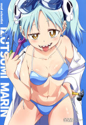  1girl absurdres bent_over bikini blue_bikini blue_hair blush breasts cleavage coat ear_piercing earrings goggles goggles_on_head hair_ornament hammer hand_on_own_hip highres holding holding_hammer holding_screwdriver izutsumi_marin jewelry lab_coat leaning_forward long_hair looking_at_viewer magazine_scan megami_magazine midriff multicolored_hair navel ninja_to_koroshiya_no_futarigurashi official_art open_clothes open_coat open_mouth piercing scan screwdriver sharp_teeth single_off_shoulder skull_hair_ornament small_breasts smile swimsuit teeth thighs tongue tongue_out twintails two-tone_hair yellow_eyes 