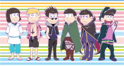 6+boys aqua_pants bakemonogatari black_cape black_hair blonde_hair blunt_bangs bob_cut bodysuit brothers brown_hair cape cigar cloak code_geass crossover facial_hair floral_print_shirt frayed_hat frown fukuyama_jun fullmetal_alchemist fur-trimmed_collar fur_trim gakuran glasses goatee greed_(fma) green_cloak haku_(sen_to_chihiro_no_kamikakushi) heterochromia highres irino_miyu japanese_clothes jojo_no_kimyou_na_bouken kamiya_hiroshi kariginu kawayoshi kuujou_joutarou lelouch_vi_britannia levi_(shingeki_no_kyojin) looking_at_viewer looking_to_the_side matsuno_choromatsu matsuno_ichimatsu matsuno_jyushimatsu matsuno_karamatsu matsuno_osomatsu matsuno_todomatsu medium_hair monogatari_(series) multiple_boys nakamura_yuuichi ono_daisuke open_clothes open_mouth open_shirt oshino_meme osomatsu-san osomatsu_(series) pants paradis_military_uniform pink_shirt purple_bodysuit sakurai_takahiro sandals school_uniform sen_to_chihiro_no_kamikakushi sextuplets shingeki_no_kyojin shirt short_hair short_sleeves shorts siblings sleeveless smile spiked_hair stardust_crusaders striped_background voice_actor_connection 