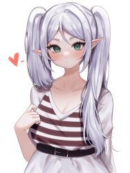  1girl absurdres arm_behind_back belt black_belt breasts brown_shirt cleavage clothes_lift collarbone elf eyebrows_hidden_by_hair frieren green_eyes hair_between_eyes heart high-waist_skirt highres long_hair looking_at_viewer open_mouth pointy_ears shirt shirt_lift skirt sky_above_me small_breasts solo sousou_no_frieren standing striped_clothes striped_shirt swept_bangs very_long_hair white_background white_shirt 