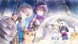 4girls absurdres ahoge asumi_kana bare_shoulders black_gloves black_pantyhose bronya_rand bronya_zaychik commentary_request detached_sleeves dress drill_hair earrings elbow_gloves gloves grey_eyes grey_hair hair_between_eyes highres holding_hands honkai:_star_rail honkai_(series) honkai_impact_3rd indoors jewelry long_hair long_sleeves looking_at_another misyune multiple_girls nakahara_mai navel open_mouth pantyhose purple_hair seele_(honkai:_star_rail) seele_vollerei short_hair snowflakes sweatdrop twin_drills twintails 