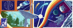  absurdres astronaut blue_sky bug butterfly cloud cloudy_sky grass highres idky insect leaf logo satellite satellite_dish sky space star_(sky) tree voices_of_the_void 