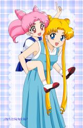 bishoujo_senshi_sailor_moon blonde_hair blue_dress blue_eyes blue_sailor_collar blue_skirt chibi_usa cone_hair_bun double_bun dress hair_bun long_hair pink_hair rachichi1219 red_eyes sailor_collar shirt shoes short_hair skirt sleeveless sleeveless_shirt socks tsukino_usagi twintails white_shirt 