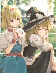  2girls alice_margatroid aoi_(annbi) apron ascot black_hat blonde_hair blue_dress blue_eyes blurry blurry_background blush bow capelet commentary dappled_sunlight dress frilled_ascot frilled_hairband frills hairband hat hat_bow hat_ribbon head_rest highres kirisame_marisa long_hair long_sleeves multiple_girls red_ascot red_hairband red_sash ribbon sash shirt shoes short_hair short_sleeves signature socks sunlight touhou waist_apron white_apron white_bow white_capelet white_ribbon white_shirt white_socks window witch_hat wrist_cuffs yellow_eyes 