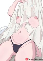  1girl absurdres alternate_breast_size black_panties blue_eyes breasts gawr_gura ghost_costume highres hololive hololive_english medium_breasts mekato nude panties patreon_username signature smile solo underwear white_background white_hair 