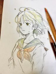  1girl absurdres aose_kiiro art_tools_in_frame blue_sailor_collar brown_eyes colored_pencil_(medium) graphite_(medium) highres looking_to_the_side medium_hair original photo_(medium) sailor_collar solo tearing_up traditional_media upper_body white_background 
