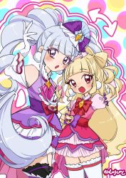  2girls :o aisaki_emiru alternate_hairstyle arrow_(symbol) ascot bare_shoulders black_thighhighs blonde_hair blue_hat blunt_bangs boots bow bow-shaped_hair bowtie coattails collar colorful_background cowboy_shot cure_amour cure_macherie detached_sleeves diamond_brooch dot_nose dress drill_hair earrings frilled_ascot frilled_dress frilled_headwear frilled_sleeves frilled_thighhighs frills gloves grey_hair hairstyle_switch hand_in_own_hair happy hat hat_bow highres hugtto!_precure jewelry large_earrings lipstick long_hair long_sleeves magical_girl makeup mascara mini_hat multiple_girls oekakisuru13 open_mouth outline pink_ascot pink_dress pink_gloves pink_shirt polka_dot polka_dot_background pom_pom_(clothes) pom_pom_earrings precure puffy_short_sleeves puffy_sleeves purple_boots purple_bow purple_dress purple_eyes red_bow red_bowtie red_eyes red_lips ruru_amour shirt shirt_under_dress short_dress short_sleeves signature sleeveless sleeveless_dress smile standing tareme thigh_boots thigh_strap thighhighs twin_drills twintails two_side_up very_long_hair wavy_hair white_gloves white_outline white_sleeves white_thighhighs yellow_brooch zettai_ryouiki 