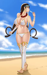  1girl absurdres beach bead_necklace beads bikini black_hair breasts collarbone day earrings facing_viewer fate/grand_order fate_(series) food footprints full_body gold_trim gonoike_biwa highres holding holding_food holding_popsicle hoop_earrings jewelry large_breasts licking long_hair looking_to_the_side navel necklace popsicle prayer_beads red_eyes sand sandals solo standing stomach swimsuit thighhighs tongue tongue_out very_long_hair white_bikini white_thighhighs xuangzang_sanzang_(fate) 