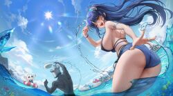  1boy 1girl 1other absurdres animal arm_behind_back arm_up armlet armpits ball beach belt biceps bikini bikini_under_shorts bird black_belt black_bikini black_hair black_one-piece_swimsuit blue_hair blue_nails blue_shorts blue_sky breasts broken_horn caustics cloud commentary_request crystal dark-skinned_male dark_skin day denim denim_shorts eyewear_on_head fake_horns fingernails fish fisheye hand_to_head hands_up helmet highres hill horned_helmet horns indie_virtual_youtuber jewelry kkuni korean_commentary large_breasts lens_flare long_fingernails long_hair looking_at_viewer median_furrow muscular muscular_male nail_polish ocean one-piece_swimsuit one_eye_closed open_mouth oumiya_emma outdoors outstretched_arms palm_tree parasol red_eyes sand seagull short_shorts shorts shoulder_blades sideboob simple_bird skeletal_hand sky slit_pupils smile splashing spread_arms sun sunlight swimsuit teeth tree triangle_mouth turning_head umbrella upper_teeth_only very_long_hair virtual_youtuber wading 