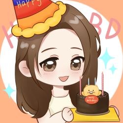  1girl animification blue_hat brown_eyes brown_hair cake chibi chinese_commentary food hair_behind_ear happy_birthday hat highres holding holding_tray k-pop long_hair multicolored_hat orange_hat party_hat real_life red_hat shiknko shirt smile solo sparkle tray twice_(group) tzuyu_(twice) white_shirt 