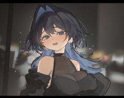  1girl alternate_costume arch_05x bare_shoulders black_cardigan black_dress black_hair blue_eyes blue_hair breasts cardigan cleavage colored_inner_hair dress earrings hair_between_eyes hair_intakes hololive hololive_english jewelry large_breasts letterboxed long_hair looking_at_viewer multicolored_hair off_shoulder open_mouth ouro_kronii sleeveless sleeveless_dress solo virtual_youtuber 