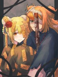  2girls bandages bead_necklace beads blonde_hair braid braided_hair_rings brown_coat bun_cover closed_mouth coat don_quixote_(project_moon) double_bun e.g.o_(project_moon) flower hair_bun hair_rings highres hundred-footed_death_maggot_(e.g.o) ishmael_(project_moon) jewelry limbus_company looking_at_viewer multiple_girls necklace ofuda ofuda_on_head open_mouth project_moon red_flower red_rose red_sheet_(e.g.o) rose short_hair smile york0pm 