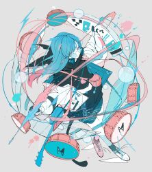  1girl baggy_clothes choppy_bangs drum flat_color glasses headphones highres instrument limited_palette long_hair long_sleeves looking_at_viewer muted_color no_pupils nocopyrightgirl original pale_skin partially_colored reverse_palettes shoelaces shoes simple_background sneakers solo spot_color template 