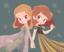  2girls alternate_costume anna_(frozen) anna_(frozen)_(cosplay) blonde_hair blue_dress blue_eyes brown_hair cape cosplay disney dress elsa_(frozen) elsa_(frozen)_(cosplay) floral_print frozen_(disney) holding_hands long_hair medal multiple_girls princess princess_amber red_eyes siblings snowflakes sofia_(disney) sofia_the_first step-siblings sumiko_(skbsu) translation_request 