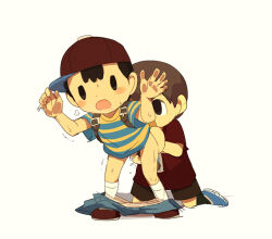  anal anal_fingering animal_crossing backpack bad_tag bag bare_legs bent_over black_hair blonde_hair blush brown_hair child cum elementary_schoolboy fingering hat kneeling knees legs male_focus mother_(series) mother_2 ness_(mother_2) nintendo penis saliva sex shirt shota socks standing super_smash_bros. tears underwear villager_(animal_crossing) yaoi 