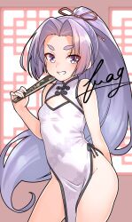  1girl absurdres artist_name china_dress chinese_clothes cleavage_cutout clothing_cutout commentary_request cowboy_shot dress folded_fan folded_ponytail folding_fan furaggu_(frag_0416) hair_ribbon hand_fan hatsuharu_(kancolle) highres holding holding_fan kantai_collection long_hair looking_at_viewer pelvic_curtain ponytail print_dress purple_eyes purple_hair ribbon short_eyebrows side_slit sleeveless sleeveless_dress smile solo very_long_hair 