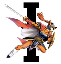  1boy armor belt blue_armor bodysuit boots cape closed_mouth commentary_request dragon_quest dragon_quest_i fake_horns fighting_stance full_body gloves helmet hero_(dq1) highres holding holding_shield holding_sword holding_weapon horned_helmet horns looking_to_the_side male_focus orange_bodysuit outstretched_arm red_cape red_gloves sanpo_kbg shield shoulder_armor solo sword toned toned_male weapon white_background white_boots 