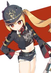  1girl absurdres baseball_bat black_gloves black_helmet black_jacket blonde_hair brass_knuckles breasts combat_helmet crop_top gloves hair_between_eyes helmet highres holding holding_baseball_bat jacket long_hair looking_at_viewer luciana_de_montefio mask mask_around_neck metal_baseball_bat navel pickelhaube red_eyes shorts side_ponytail solo tsuchinoko_(tutituti0125) weapon zenless_zone_zero 