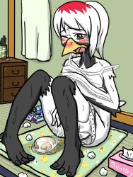  1girl beak bird_girl black_skin blush colored_skin drawer duck_print egg egg_laying egg_print feathers flat_color furry indoors open_mouth original panties panties_around_leg pussy_juice saliva sitting sitting_on_towel solo stained_panties starman_(artist) sweat nervous_sweating tissue toenails towel underwear used_tissue wince  rating:Explicit score:6 user:Omo_Fan