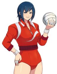  1girl ayuhara_natsu ball bandaged_fingers bandages blue_eyes blue_hair breasts jacket justice_gakuen red_jacket red_shorts shiritsu_justice_gakuen short_hair shorts simple_background smile solo spottylen thighs upper_body volleyball volleyball_(object) white_background 