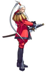  1boy absurdres armband black_boots boots buttons edaki_shin&#039;ya from_side full_body game_cg gloves grey_hair high_ponytail highres holding holding_sheath imawano_hyou jacket justice_gakuen katana knee_boots male_focus military_uniform moero!_justice_gakuen non-web_source official_art pants ponytail red_jacket red_pants sheath sheathed simple_background sleeves_rolled_up solo standing sword weapon white_armband white_background white_gloves 