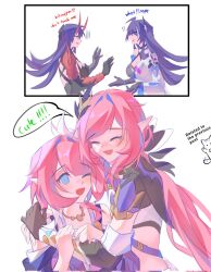  4girls acheron_(honkai:_star_rail) black_dress blue_eyes breasts coat company_connection corrupted_twitter_file cyrene_(honkai:_star_rail) dress elf elysia_(honkai_impact) elysia_(miss_pink_elf)_(honkai_impact) english_text hashtag-only_commentary highres honkai:_star_rail honkai_(series) honkai_impact_3rd horns hug inoue_marina jacket jewelry large_breasts long_hair lu_cas83 medium_hair multiple_girls necklace pointy_ears purple_coat purple_eyes purple_hair raiden_mei raiden_mei_(herrscher_of_thunder) red_horns sawashiro_miyuki speech_bubble voice_actor_connection white_jacket yanning 