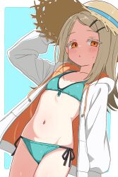  1girl aqua_bikini arm_up bikini blue_background blush border collarbone colored_eyelashes commentary cowboy_shot dot_nose flat_chest flipped_hair front-tie_bikini_top front-tie_top gakuen_idolmaster grey_hair hair_ornament hairclip hat highres hood hood_down hoodie idolmaster io9 kimi_to_semi_blue_(idolmaster) long_hair long_sleeves looking_at_viewer navel orange_eyes outside_border parted_lips shinosawa_hiro side-tie_bikini_bottom simple_background solo straw_hat sweatdrop swimsuit two-sided_hoodie white_border white_hoodie  rating:Sensitive score:20 user:danbooru