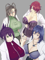  4girls black_skirt black_thighhighs blue_eyes blue_hair blush breasts cleavage closed_mouth coat curvy female_focus fishnet_legwear fishnets garter_straps glasses green_eyes hair_over_one_eye hand_on_own_hip hands_on_own_hips hasegawa_chisato high_heels highres huge_breasts kono_yo_no_hate_de_koi_wo_utau_shoujo_yu-no lab_coat large_breasts legs legs_apart long_hair looking_at_viewer maken-ki! mature_female miniskirt mole monstersketch multiple_girls nijou_aki nurse oikawa_urada purple_hair purple_shirt red_hair seikon_no_qwaser shinmai_maou_no_testament shirt short_hair simple_background skirt smile standing stitched striped_clothes striped_shirt sweater tagme takeda_eriko thick_thighs thighhighs thighs third-party_edit trait_connection white_coat wide_hips zettai_ryouiki zipper 