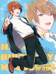  1boy belt black_jacket black_pants blue_background blue_necktie brown_belt brown_eyes brown_hair brown_shoes character_name happy_birthday highres jacket little_busters! little_busters!_school_uniform male_focus natsume_kyousuke necktie open_clothes open_jacket open_mouth pants piyo_(kinkooo333) school_uniform shirt shirt_tucked_in shoes solo v white_shirt zoom_layer 