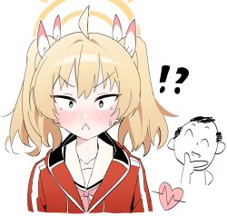  !? &gt;:( 1boy 1girl ahoge blonde_hair blue_archive blush brown_eyes closed_mouth commentary doodle_sensei_(blue_archive) hair_between_eyes hair_intakes hair_ribbon halo heart heartbeat highres jacket lcz long_hair looking_at_viewer neckerchief nose_blush pink_neckerchief red_jacket ribbon sailor_collar school_uniform sensei_(blue_archive) serafuku simple_background split_mouth surprised sweatdrop track_jacket tsurime twintails upper_body v-shaped_eyebrows white_background white_ribbon white_sailor_collar wide-eyed yellow_halo yoshimi_(blue_archive) 