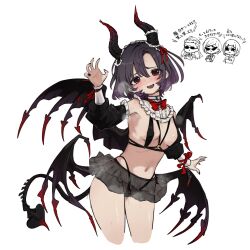  4girls anderson_m0311 armpits bikini black_bikini black_hair blush bow bowtie breasts breath collar commentary_request cropped_legs crossed_arms demon_girl demon_horns demon_tail demon_wings detached_collar detached_sleeves fang fingernails frilled_collar frilled_skirt frills girls_be_next_step_(idolmaster) head_tilt highleg highleg_bikini highres horns idolmaster idolmaster_cinderella_girls looking_at_another looking_at_viewer matsuo_chizuru medium_breasts micro_bikini multiple_girls multiple_wings nail_polish navel o-ring o-ring_bikini okazaki_yasuha red_bow red_bowtie see-through_clothes see-through_skirt seki_hiromi shiragiku_hotaru short_hair simple_background skin_fang skirt smile steaming_body stomach sunglasses sweat sweatdrop swimsuit tail translation_request white_background wings 