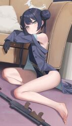 1girl bare_legs barefoot black_dress black_gloves black_hair blue_archive blush breasts closed_mouth couch covered_navel dragon_print dress dutch_angle eyelashes feet gloves grey_eyes grey_halo gun hair_bun halo highres impossible_clothes impossible_dress jacket kisaki_(blue_archive) legs loli long_hair long_sleeves looking_at_viewer on_ground ootsuka_you open_clothes open_jacket print_dress short_dress sitting sleeveless sleeveless_dress small_breasts solo submachine_gun thighs toes twintails very_long_hair weapon rating:Sensitive score:38 user:danbooru