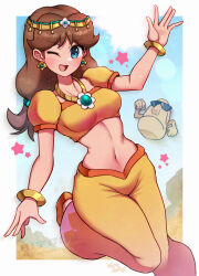  1girl arabian_clothes artist_name blue_eyes bracelet brown_hair circlet crop_top earrings flower_earrings highres jewelry long_hair mario_(series) mario_kart mario_kart_world midriff navel necklace nintendo official_alternate_costume one_eye_closed open_mouth orange_pants pants princess_daisy princess_daisy_(oasis) puffy_short_sleeves puffy_sleeves short_sleeves smile star_(symbol) sunglasses tokotoko_(mario) wakaba_(wata_ridley) watermark 