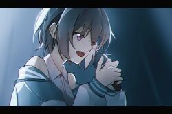  1girl bang_dream! bang_dream!_it&#039;s_mygo!!!!! bare_shoulders blue_jacket chinese_commentary chromatic_aberration collared_shirt colored_inner_hair commentary_request eyes_visible_through_hair glint grey_background grey_hair hair_over_one_eye highres holding holding_microphone jacket jacket_partially_removed letterboxed long_sleeves microphone monnku multicolored_hair open_clothes open_jacket open_mouth purple_eyes shirt short_hair sidelighting sleeveless sleeveless_shirt solo takamatsu_tomori teeth two-tone_hair upper_body upper_teeth_only white_hair white_shirt white_sleeves 